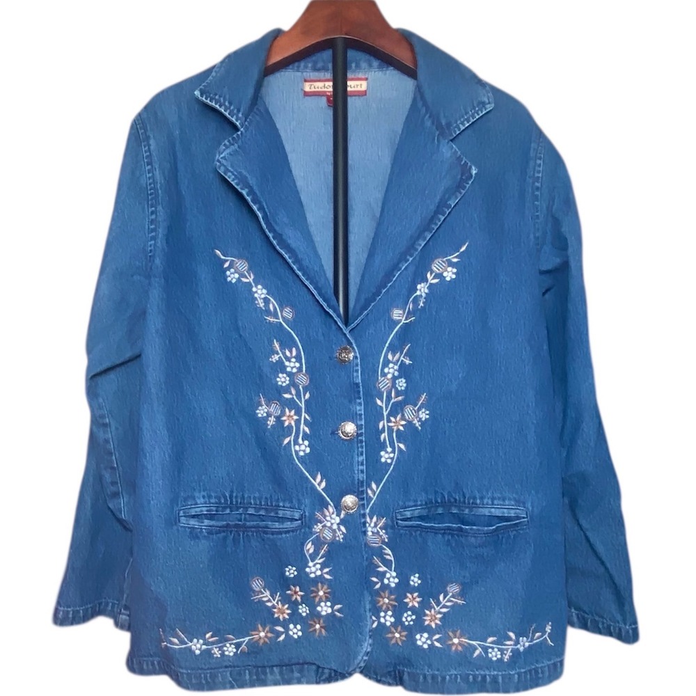 Tudor Court Haband Womens Blue Denim Floral‎ Embroidered Blazer Jacket Large